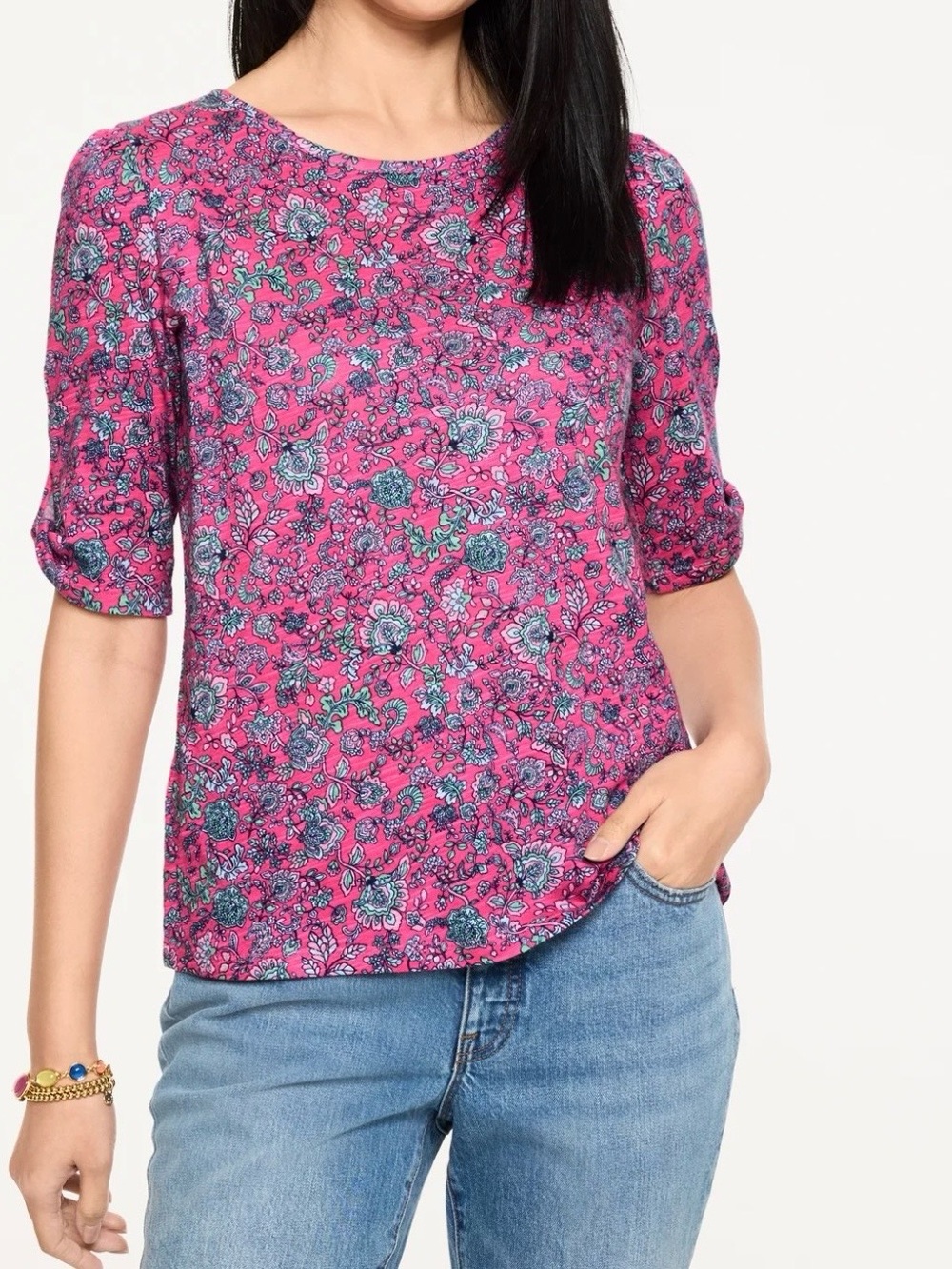 Talbots Floral Print Short-Sleeve Top in Hot Pink